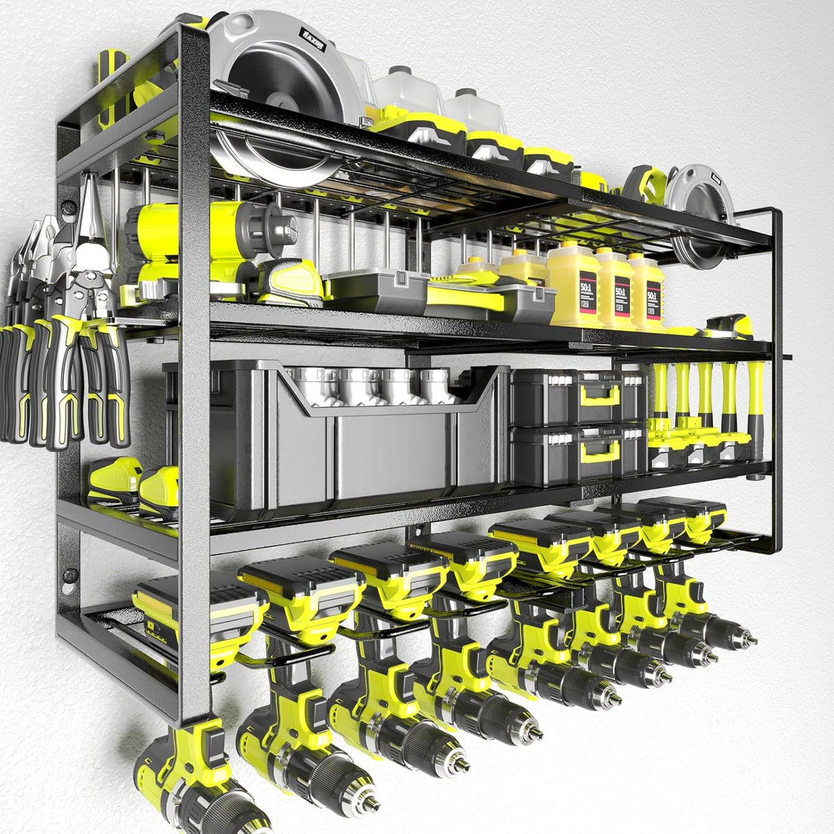 KAFAHOM Power Tool Organizer-8 Drill Holder Wall Mount,4 Layer Heavy Duty Metal Power Tool Storage Rack,Garage Tool Organizer and Storage with Screwdriver Holder/Plier Holder/Hammer Holder