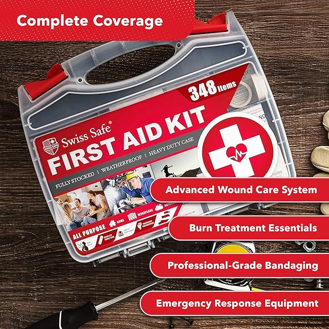 Swiss Safe 2-in-1 First Aid Kit for Car, Travel & Home, Businesses - Bonus Mini Kit for Medical Emergency Aid, Survival, Camping - FSA & HSA Eligible - 348 Pcs, Large Hardcase FAK