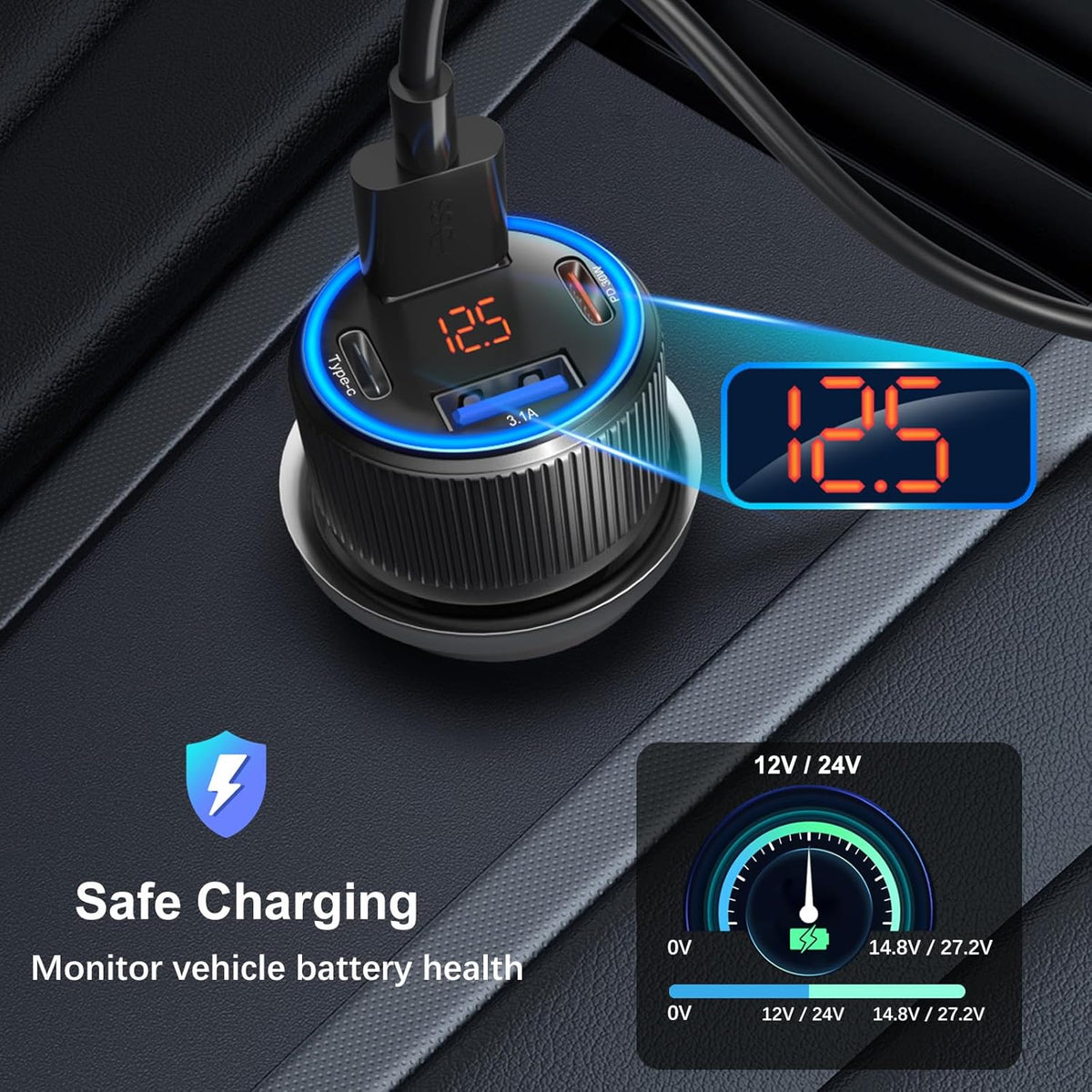 5 Pack USB C Car Charger, 4-Port 65W Car Power Adapter with Voltmeter QC+PD 3.0 Fast Charging Cigarette Lighter USB Charger for iPhone 16/15/14/13/12 Pro Max,Galaxy S25/S24,Android(Black)
