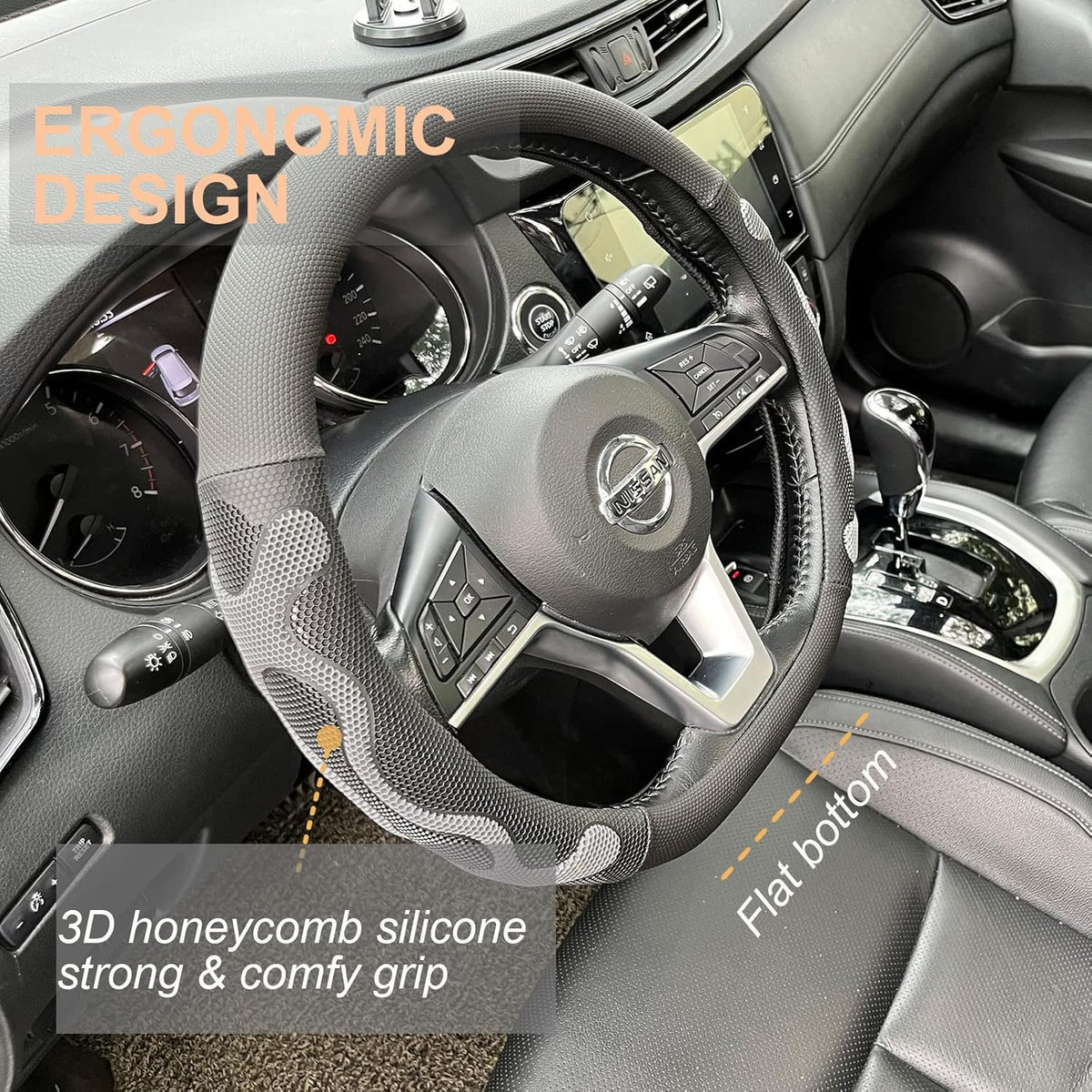 PINCTROT D Shaped Comfy Grip Steering Wheel Cover, Anti-Slip Design, Flat Bottom 14.5-15 Inch(Silicone Gray)