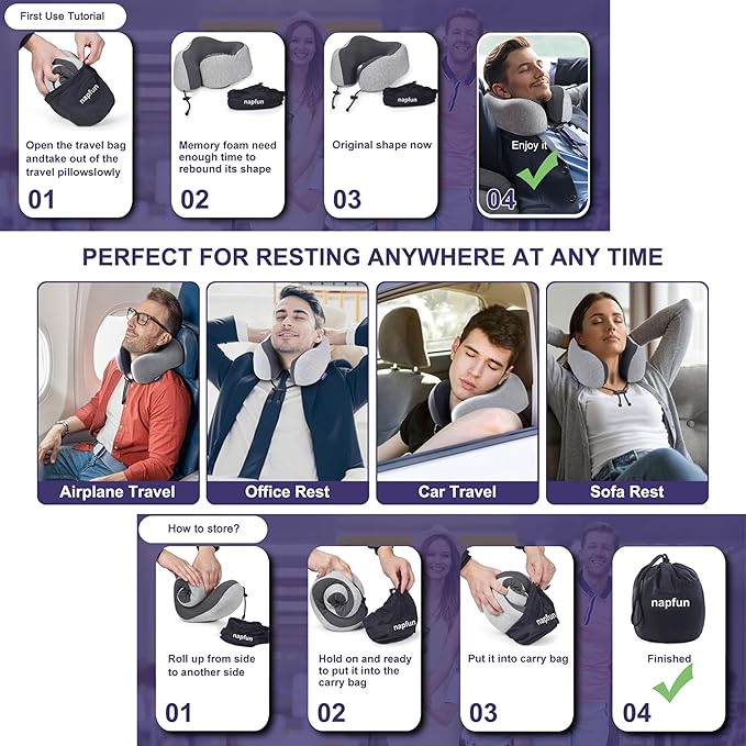 napfun Neck Pillow for Traveling, Upgraded Travel Neck Pillow for Airplane 100% Pure Memory Foam Travel Pillow for Flight Headrest Sleep, Portable Plane Accessories, Light Grey