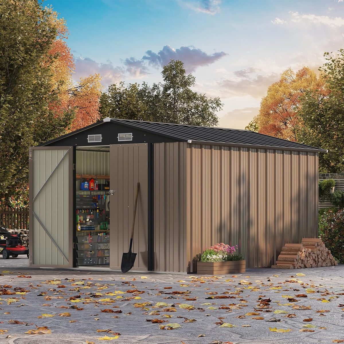 Patiowell 8x10 FT Outdoor Storage Shed with Floor Frame, Large Garden Tool Metal Shed with Sloping Roof and Double Lockable Door, Outdoor Shed for Backyard Garden Patio Lawn,Brown