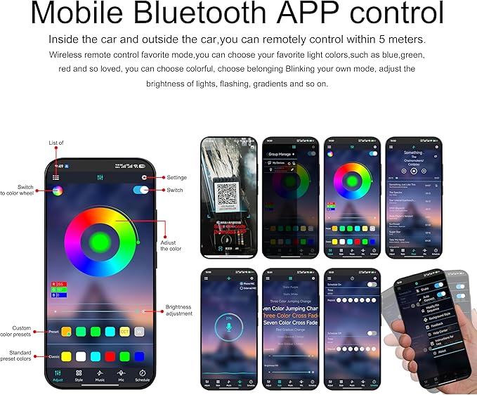 RGB Car Footwell Ambient Lighting Kit 16.7 Millions Colors Sound Active Music Sync APP Control Cigarette Lighter Car Interior Multicolored Footwell Atmosphere Light