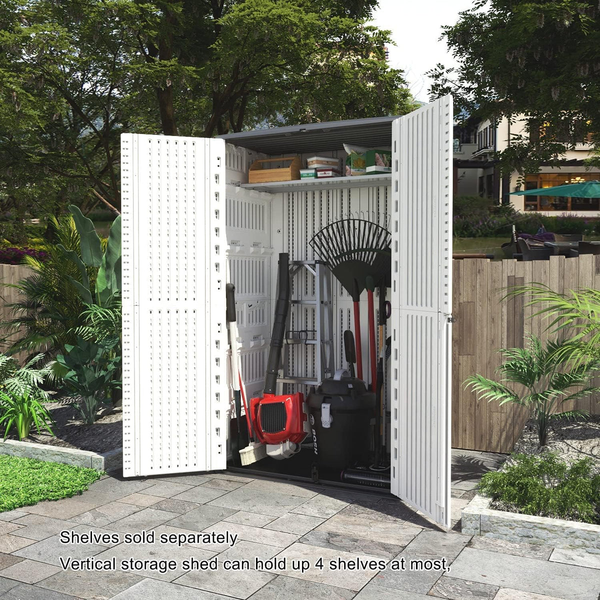 KINYING Outdoor Storage Shed Waterproof, Resin Vertical Storage Cabinet Double-Layered, Versatile to Store Patio Furniture, Garden Tools, Pool Accessories,Mower (66 Cu.ft,White)