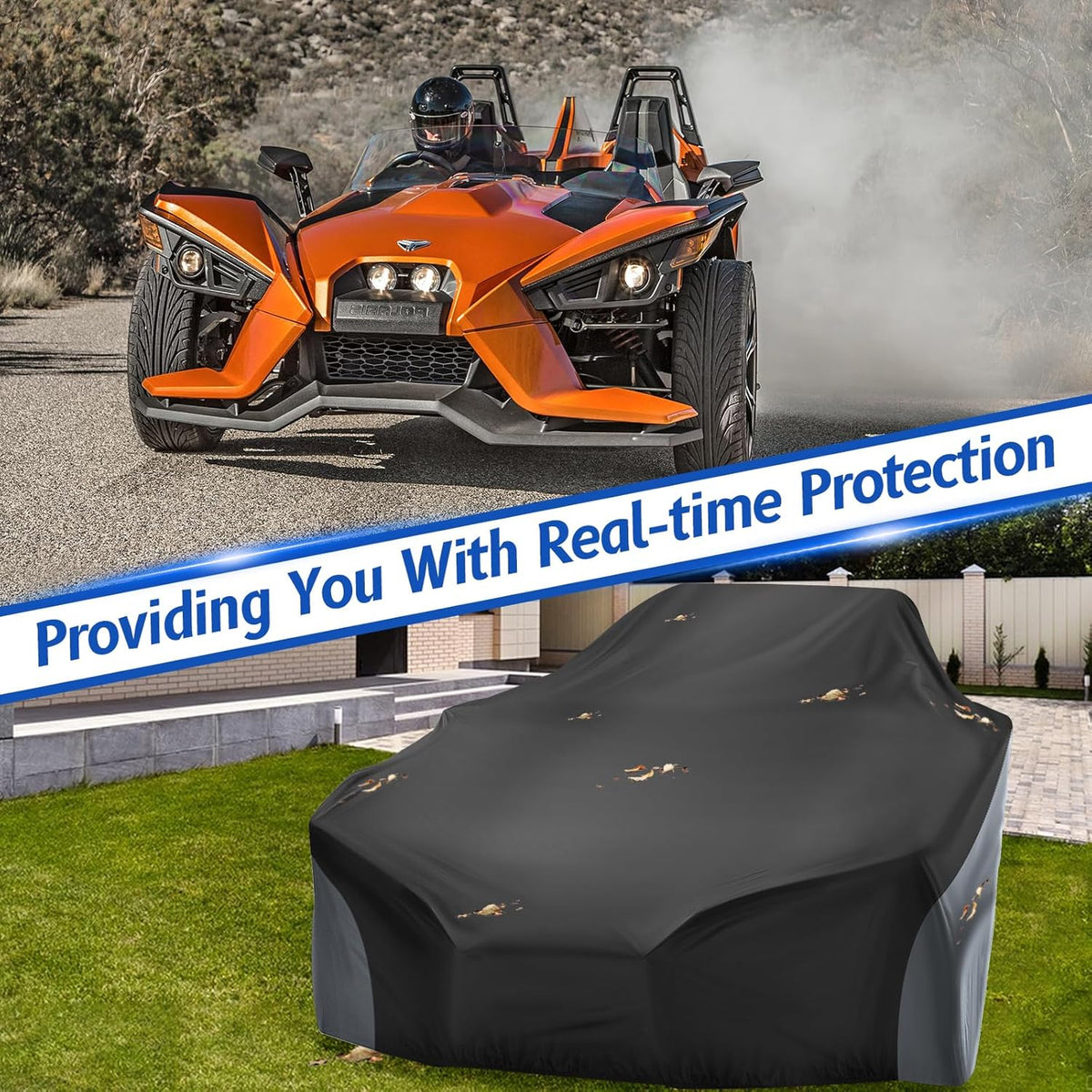 Polaris Slingshot Cover, Waterproof Windproof Sunproof Outdoor Protection Compatible with Slingshot/S/SL/SLR/SLR LE, with Reflective Strips, Black&Grey
