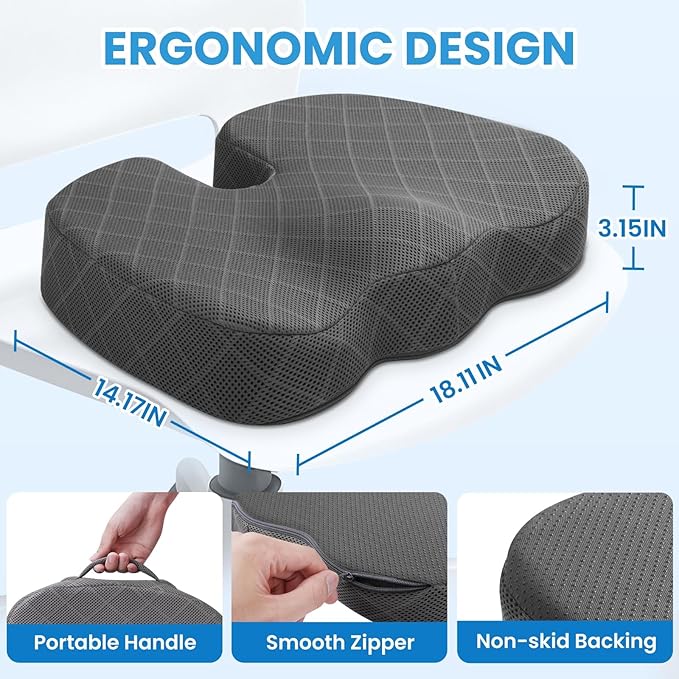 TushGuard Seat Cushion - Memory Foam Cushion for Office Chair, Car Seat, Airplane, Bleacher - Sciatica & Hip & Coccyx Pain Relief Desk Chair Cushion for Long Sitting Office Workers, Car Drivers