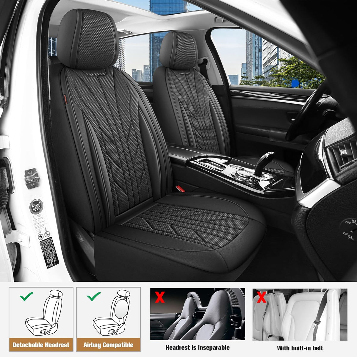 CAROMOP Luxury Faux Leather&Fabric Car Seat Covers Full Set with Breathable 3D Foam Back Support,Universal Comfortable Seat Covers for Cars,Trucks,SUVs, Front Armrests Compatible(5-Seat Black)