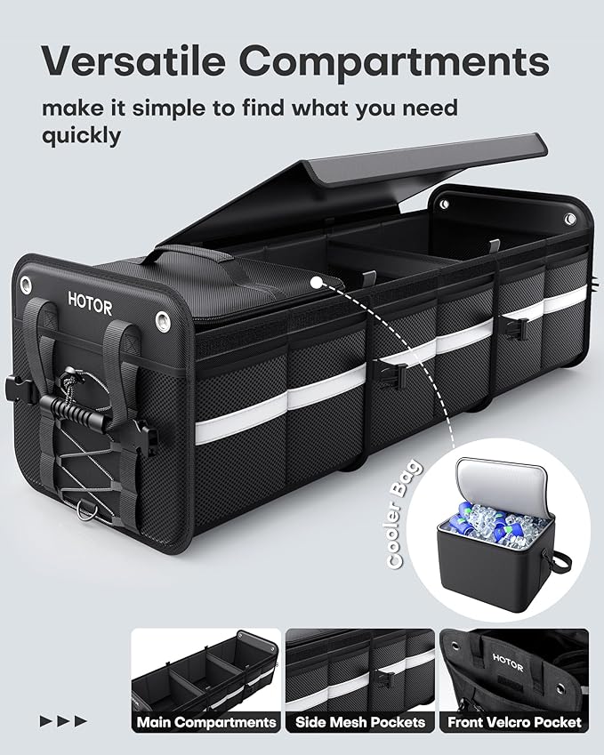 HOTOR Trunk Organizer - 3-Compartment Car Organizer and Storage with Cooler Bag, Foldable Car Storage Organizer for SUV with Handles & Strap for Shopping, Picnic, 37.0" x 14.6" x 12.0", Black