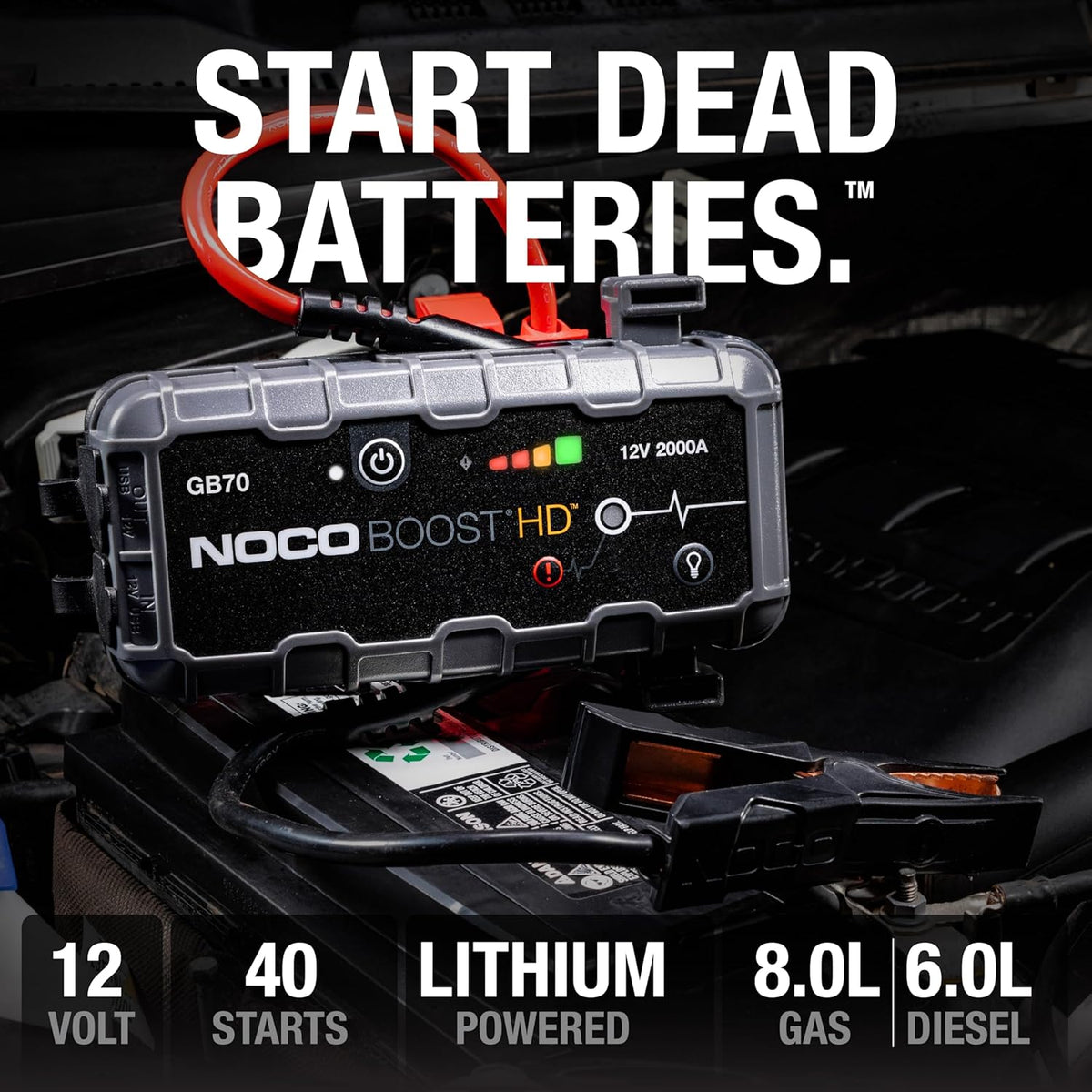 NOCO Boost GB70: 2000A UltraSafe Jump Starter – 12V Lithium Battery Booster Pack, Portable Jump Box, Power Bank & Jumper Cables - for 8.0L Gas and 6.0L Diesel Engines