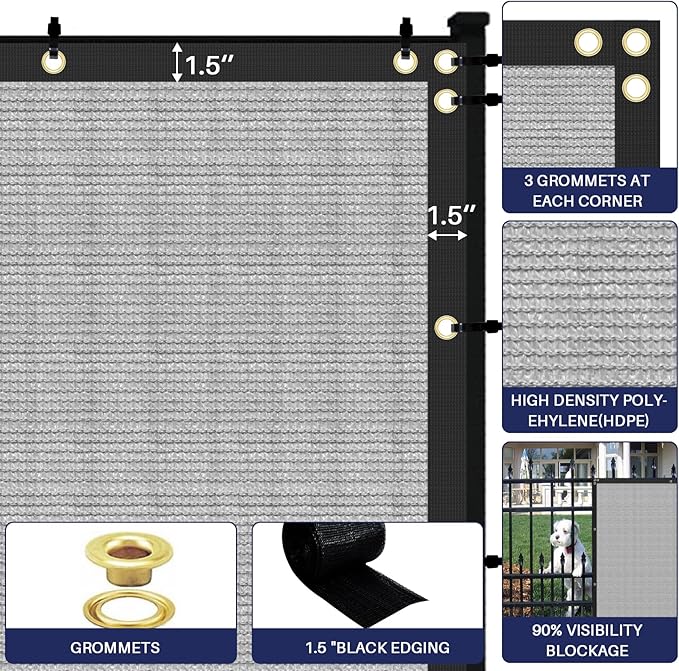 Windscreen4less Privacy Fence Screen Heavy Duty Windscreen Fencing Mesh Fabric Shade Net Cover with Brass Grommtes for Outdoor Wall Garden Yard Pool Deck, 8'x24' Light Gray