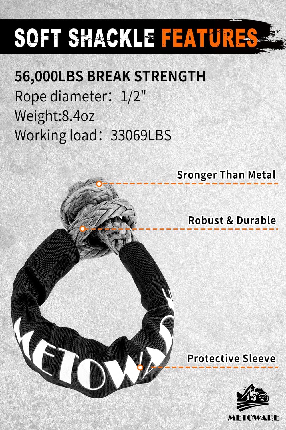 METOWARE Kinetic Recovery Rope (1.25’’ x 20ft) 56,000 LBS Heavy Duty Snatch Strap with 2pcs 1/2inch x 22 Soft Shackles, Tow Rope Offroad Recovery Kit for UTV, ATV, Truck, Car