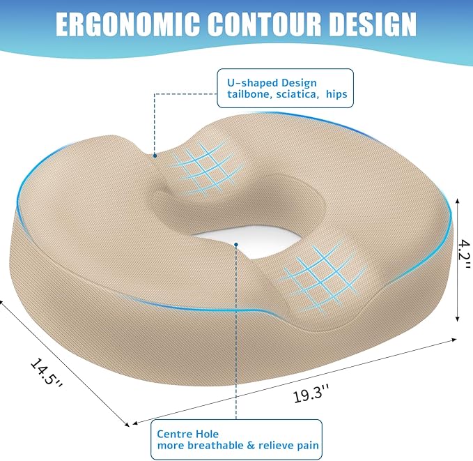 BlissTrends Donut Pillow Seat Cushion, Donut Chair Cushions for Postpartum Pregnancy&Hemorrhoids, Tailbone Pain Relief Cushion, Memory Foam Lifting Cushions for Office & Home Chairs (Khaki, XX-Large)