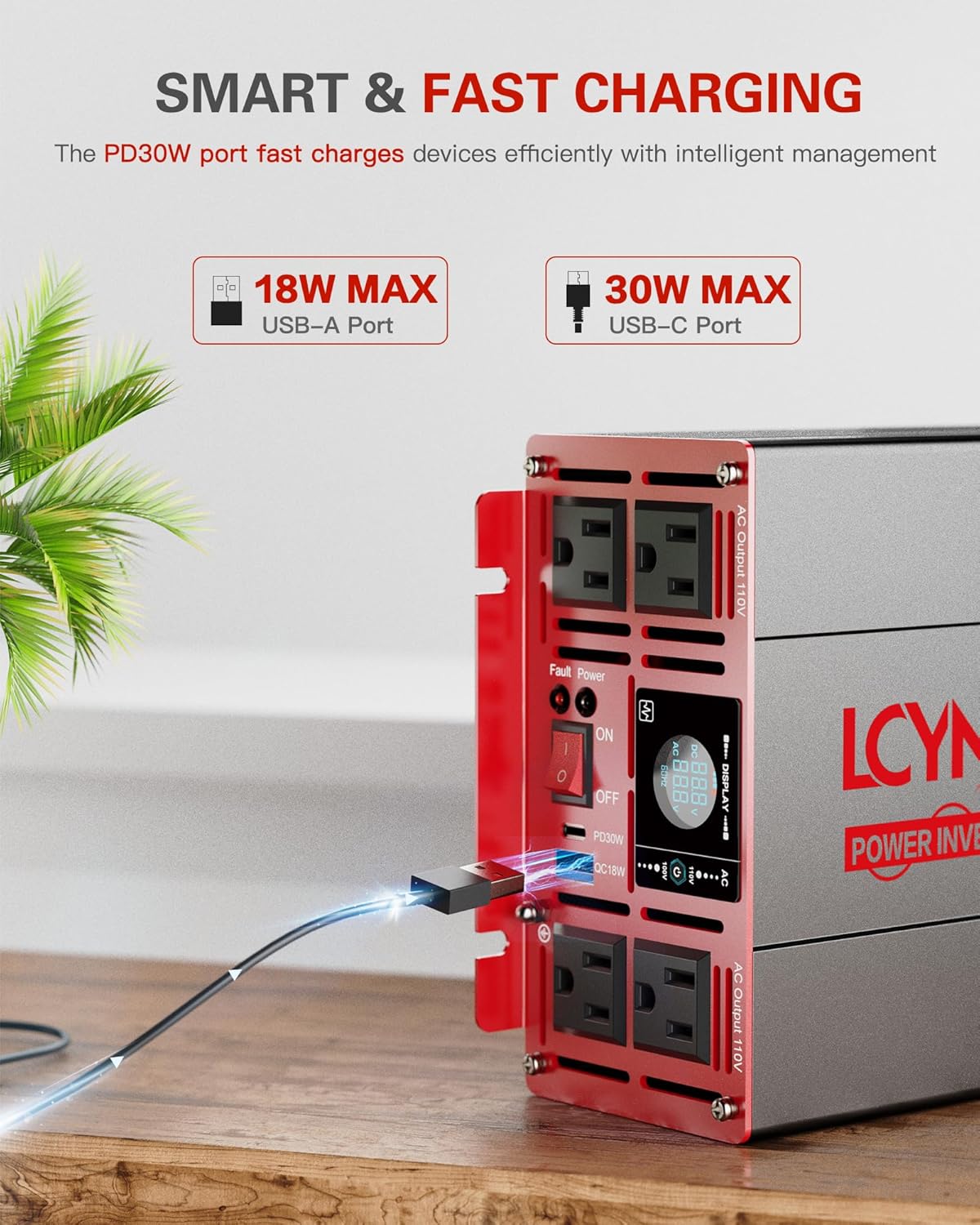 3000 Watts Power Inverter Pure Sine Wave DC 12V to 110V/120V AC 6000W Peak Inverters with 4 AC Outlets Type-C PD30W QC3.0 USB Fast Charging Port Remote Control and LCD Display Solar Off-Grid Converter
