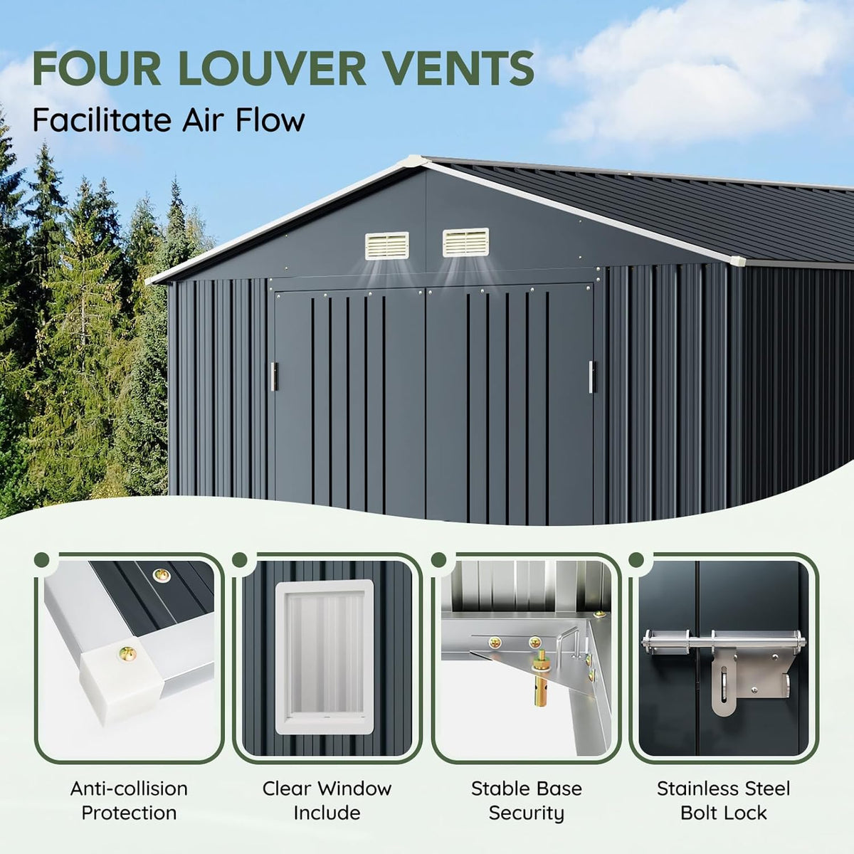 10x10 FT Outdoor Metal Storage Shed with Floor Frame, Double Swing Doors, 2 Clear Windows,Tool Shed for Garden, Patio, Backyard