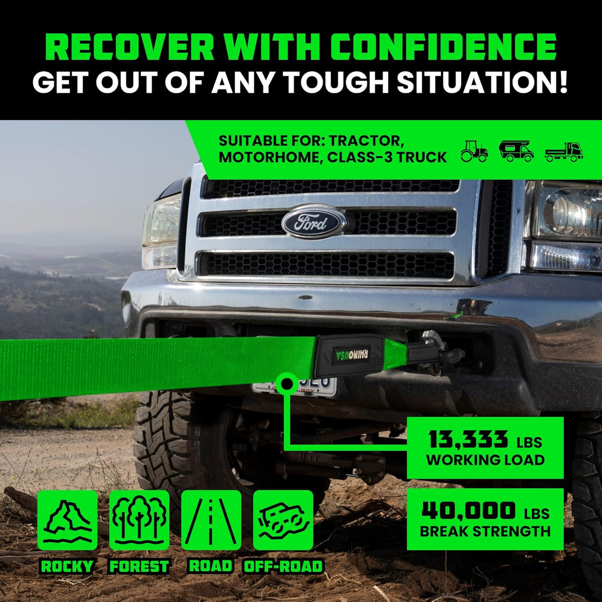Rhino USA Recovery Tow Strap (4" x 30') - 40,320lb Break Strength - Emergency Recovery Strap Tow Rope for Diesel Trucks, Backhoe, Excavators & More - Heavy Duty Towing Strap for Offroad 4x4 Use
