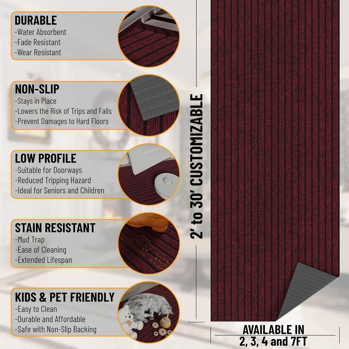 Ottomanson 2' x 6' Hallway Runner with Scraper Pile - Extra Durable Non-Slip Rug Mat for Indoor & Outdoor Use - Ideal for Kitchen, Entryway, Patio & Garage - High-Traffic Carpet, Red