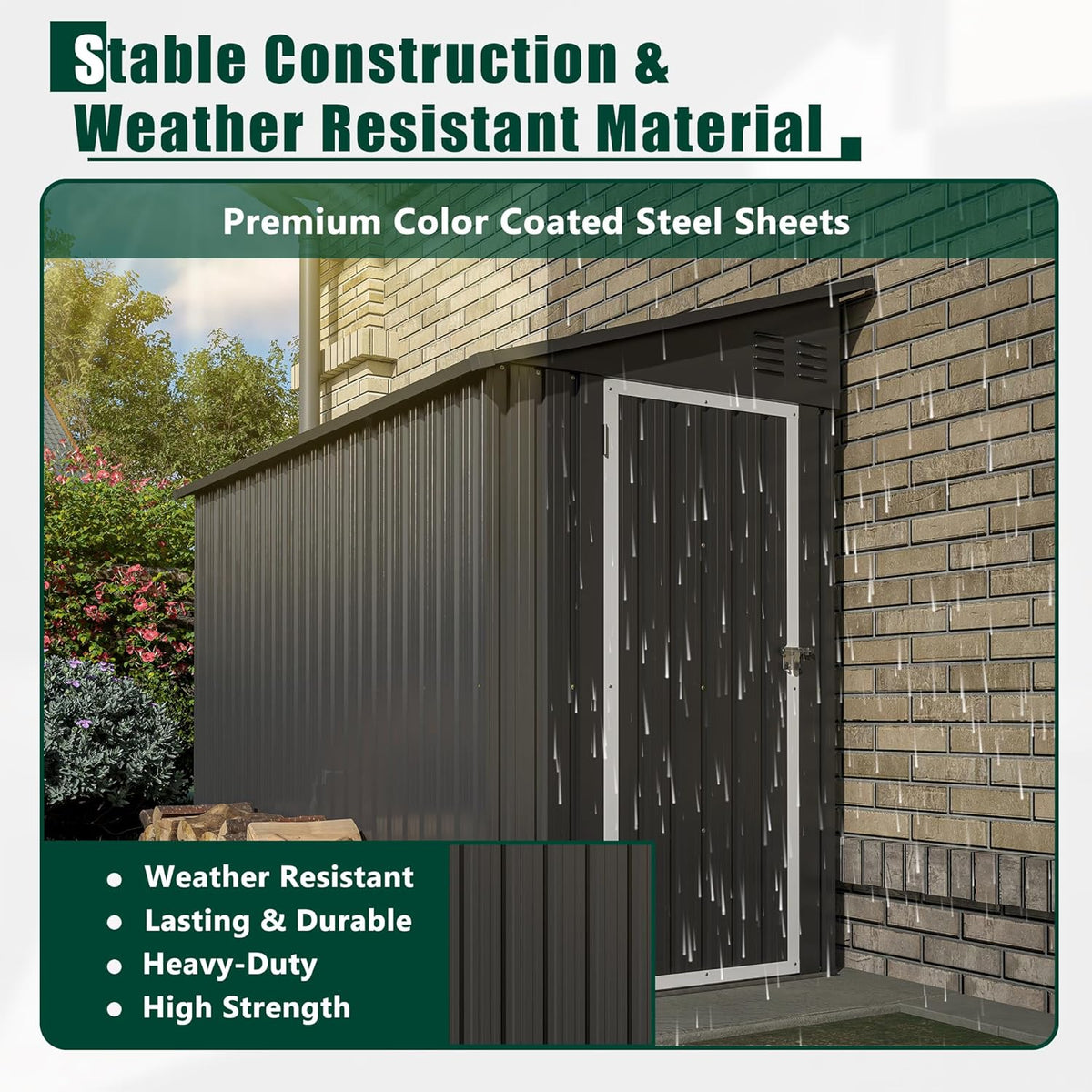 4 x 8 FT Metal Outdoor Storage Shed with Foundation, Lean to Storage Sheds w/Lockable Door and Air Vents, All Weather Waterproof Garden Tool House for Backyard, Patio, Lawn, Black