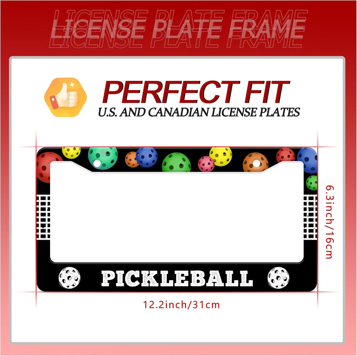 Personalized License Plate Frame Pickleball Stainless Steel Accessory Colored Balls License Plate Holder Funny Car Decorative 2 Holes Screws Fits Us Standard License Plates 12.2 X 6.3 In For Men Women