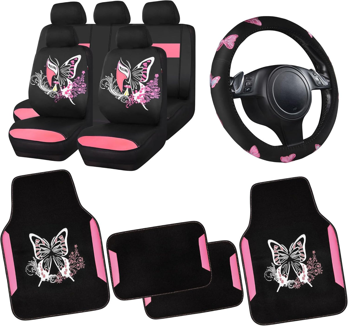 CAR PASS Pink Leather & Gaberdine Butterfly Car Seat Covers Full Set with Waterproof Car Floor Mats and Embroidered Butterflies Steering Wheel Cover for Interior Sets ((Black & Pink)