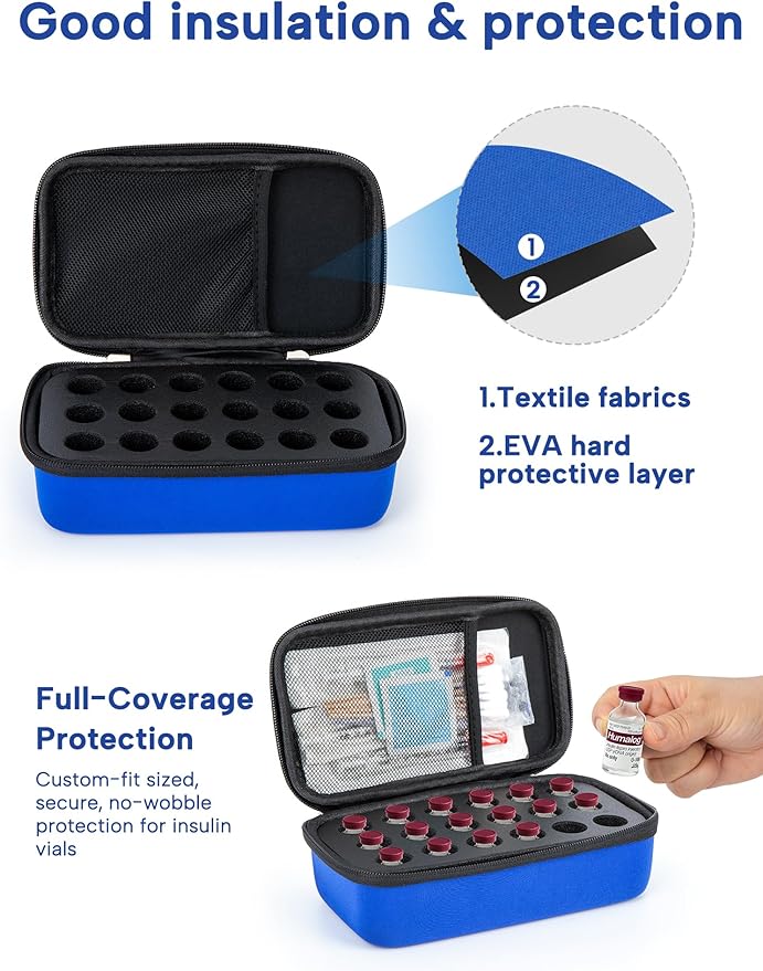 YOUSHARES Insulin Vials Refrigerator Storage Case - 10ml Peptide Vial Protective Holder for Fridge, 18-Slots Diabetic Insulin Small Bottle Organizer Bag Compatible with U-100 Vials