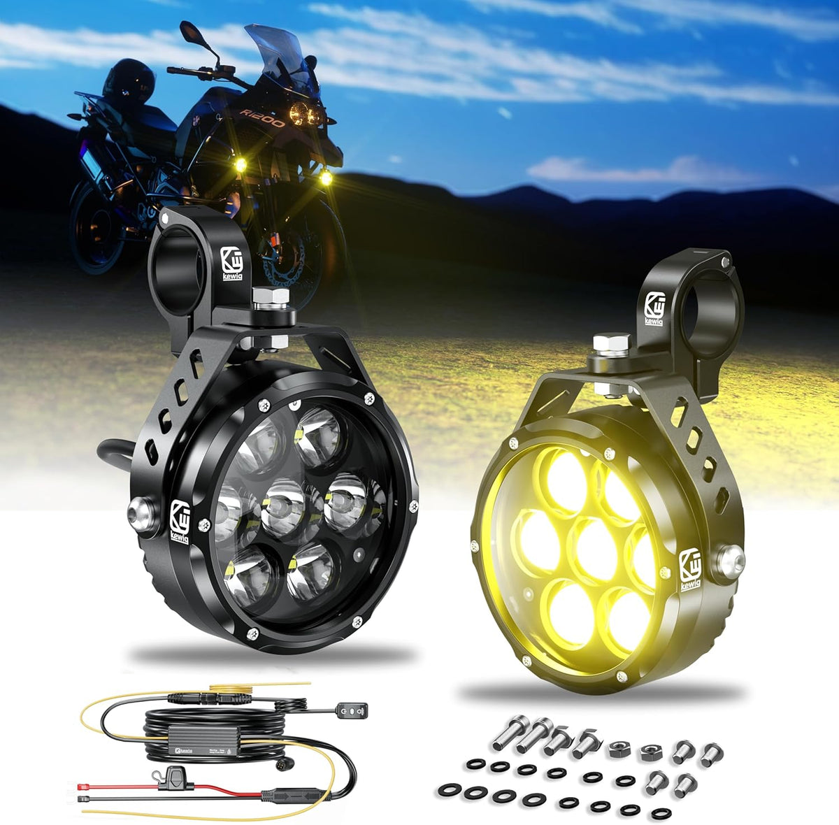Kewig 4.5 Inch Motorcycle Auxiliary LED Fog Light 90W Amber White Driving Spotlight Kit With Mount Brackets Wire Harness Waterproof Offroad Fit for Motorcycle Jeep Car Truck