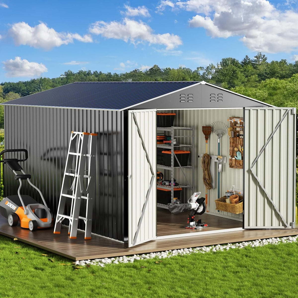 WKM 8X12 FT Outdoor Storage Shed, Utility Metal Tool Storage with Lockable Doors and Updated Frame Structure, Metal Garden Shed for Backyard, Patio Lawn, Black