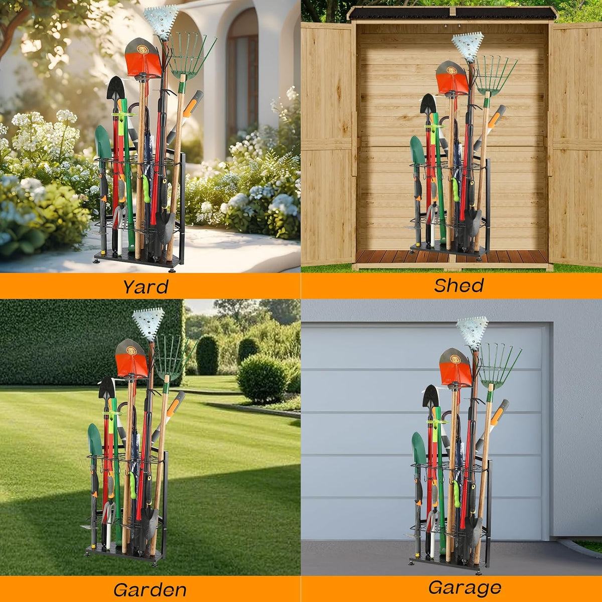 Garden Tool Organizer,Yard Tool Rack Heavy Duty,Free Standing for Garage Corner,Garage Organization,Garage Organizers and Storage,Garden Tool Holder for Lawn,Shed,Outdoor,Metal