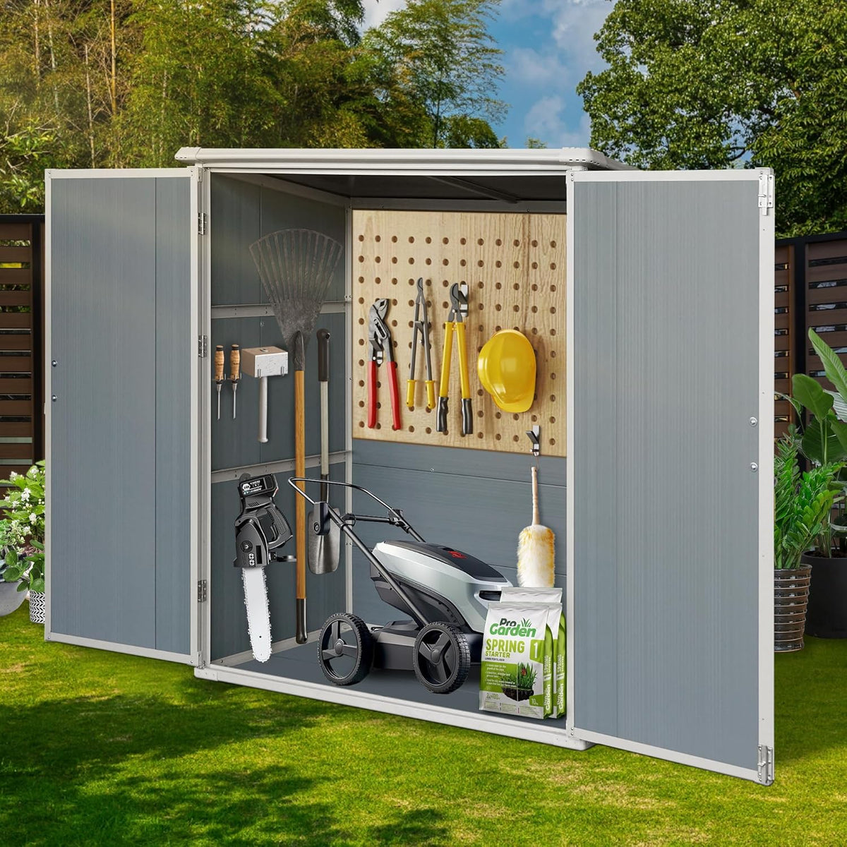 5 X 3 Ft Outdoor Storage Shed with Floor, Weatherproofing Garden Tool Shed with Lockable and Sloping Roof Design, Outdoor Resin Shed Cabinet for Backyard Patio and Garden (White+Gray)