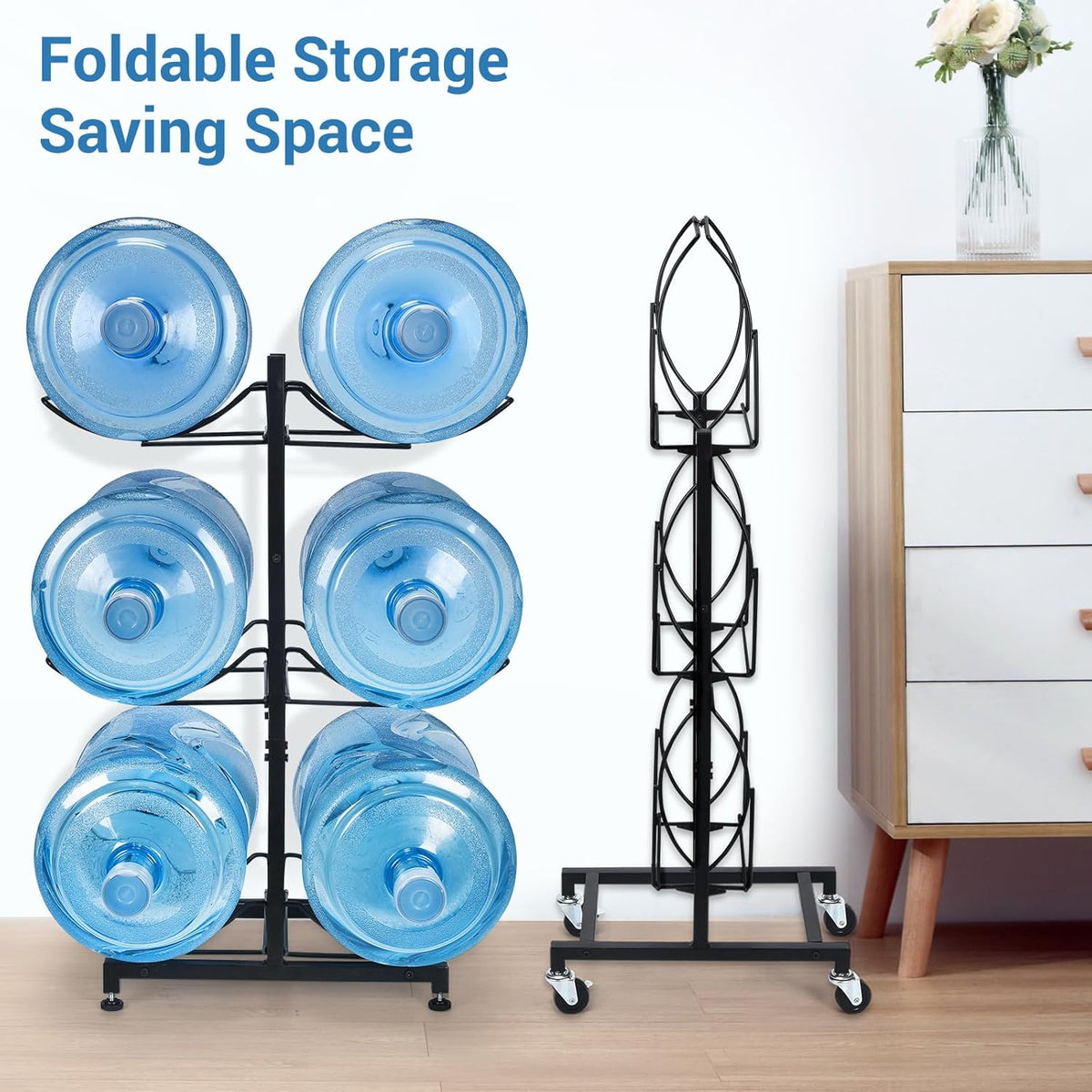 5 Gallon Water Jug Holder with 4 Wheels, Movable Heavy Duty Foldable Water Jug Stand 3-Tier 5 Gallon Water Bottle Holder Water Cooler Jug Storage Rack for 6 Bottles(Black)