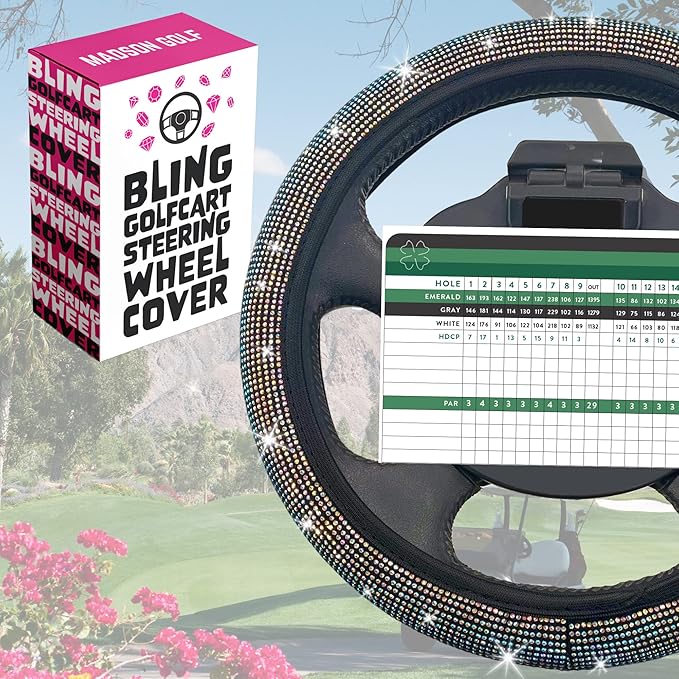 Universal Colorful Bling Crystal Diamond Rhinestones Golf Cart Steering Wheel Cover fits Club Car, Yahama, EZGO, Anti Slip Cover Easy to Install, Great Gifts for Golfer Women Womens (Colored Diamond)