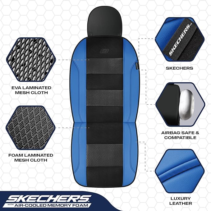 Skechers Men’s Seat Covers, Air-Cooled Memory Foam Car Seat Covers Front Seats, Airbag Compatible,Universal Fit for Most Cars, SUVs, Vans and Trucks,Blue