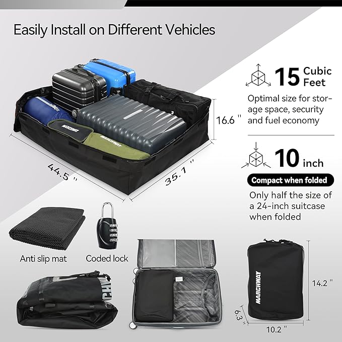 MARCHWAY Waterproof Car Roof Luggage Bag, Weatherproof Soft Shell Rooftop Cargo Carrier Bag for Vehicles with or Without Rack. 6 Door Hooks, Anti Slip Mat, Lock Included (15 Cubic Feet, Black)