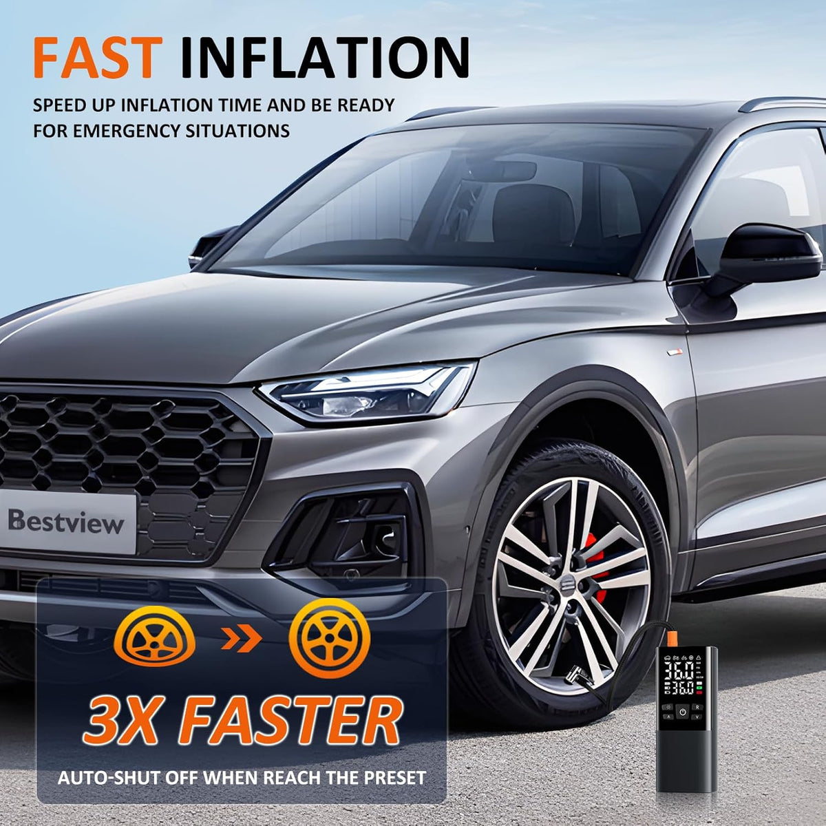 Bestview Tire Inflator Portable Air Compressor-150PSI Air Compressor 4X Faster, Equipped with Digital Pressure Gauge and LED Light,Suitable for Cars, Bicycles, Motorcycles and Ball Sports Equipment