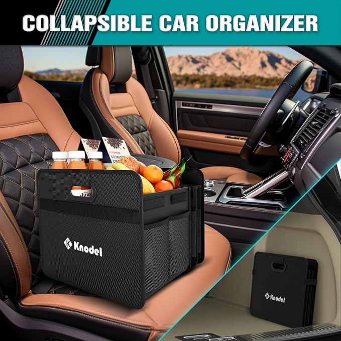K KNODEL Car Trunk Organizer, Foldable Organizer for Car, Automotive Consoles & Organizers, 3 Compartments Storage with Reinforced Handles (Large, Black)