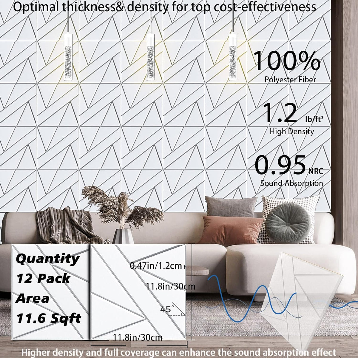12 Pack Self-Adhesive Soundproof Wall Panels, 12 x 12 x 0.47 In Sound Proof Foam Panels for Walls, 1.2lb/ft³ High Density, Thicker 0.47in, Acoustic Panels, Noise Dampening Panels Studio White