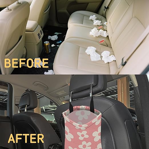 Pink Groovy Flowers Car Garbage Bag, Small Car Trash Bag Hanging,Drawstring Car Garbage Bag with Adjustable Buckle for Car Back Seat,SUVs,Camping,Road Trips