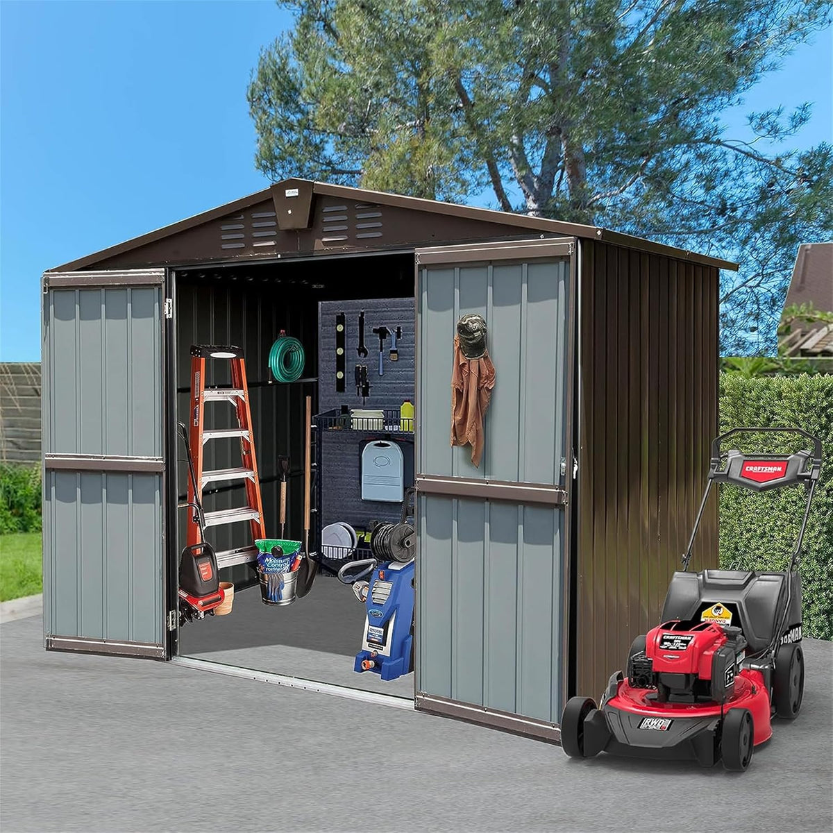 IKERY Metal Storage Shed 8.2' x 6.2' with Double Lockable Doors & Air Vents - Utility Tool Shed for Backyard, Patio, Garden - Brown