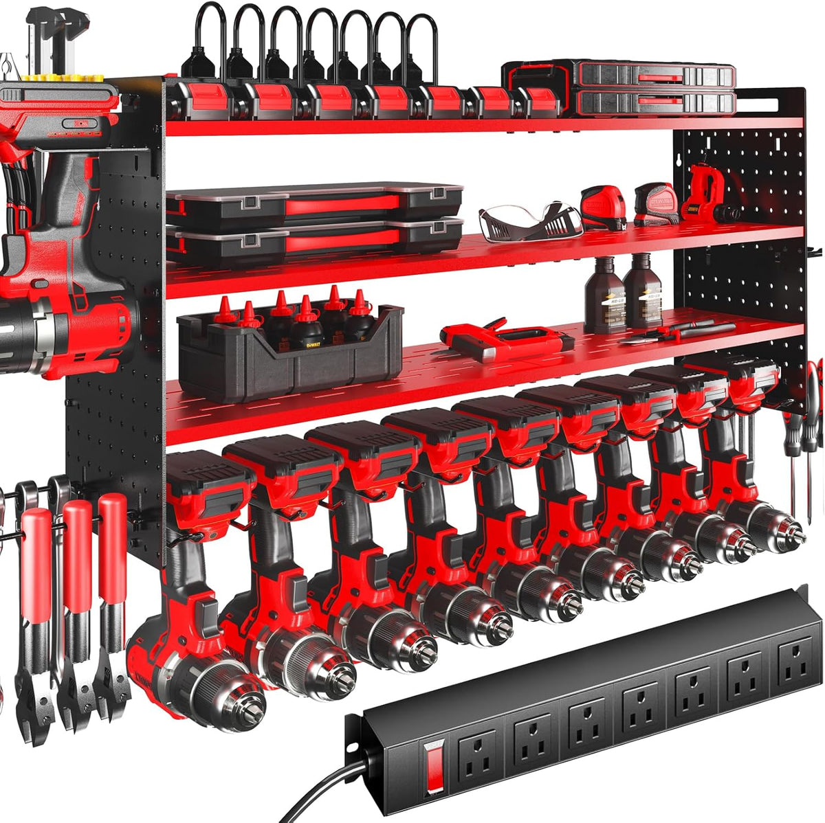 KAFAHOM Power Tool Organizer with Charging Station,9 Drill Holder Wall Mount,4 Layer Heavy Duty Metal Cordless Drill Storage for Garage Organization,Battery Tool Rack Built in 7 Outlet Power Strip Red
