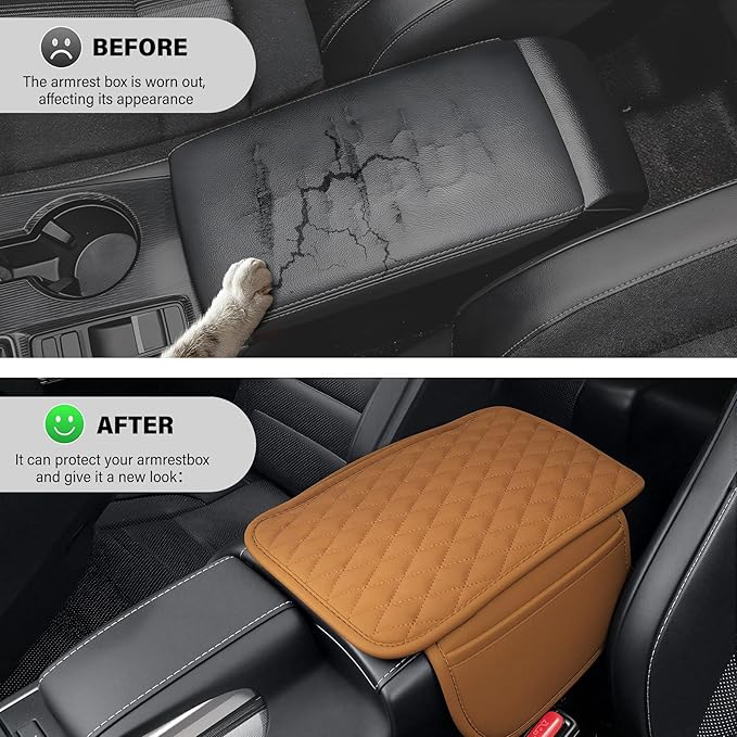Amiss Car Center Console Cover, Upgraded Leather Car Armrest Cushion with 2 Storage Pockets, Universal Waterproof Cushion Pad, Non-Slip Car Interior Accessories, Fits Most Sedans SUVs Trucks (Orange)