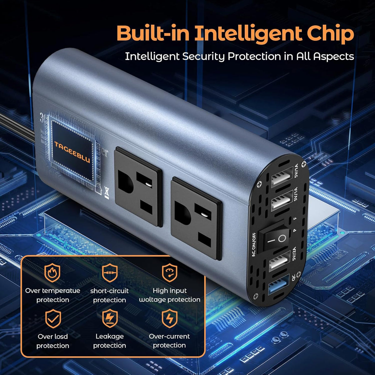 300W Car Power Inverter, DC 12V to 110V AC Car Plug Adapter Outlet with USB-Fast Charger(25W)、 USB-A（20W） and Dual AC Outlet, QC3.0, 4 USB Ports, Car Charger for Laptop、Phone, etc