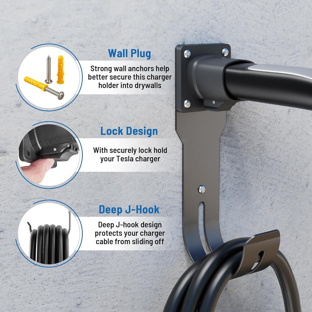 MECMO for Tesla Charger Holder - Wall Mount Dock & J-Hook for Model 3/Y/X/S, Heavy Duty Steel EV Charging Cord Hanger Compatible with NACS Connector