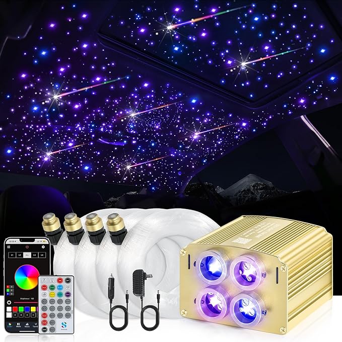 Car Starlight Headliner Kit, 4 Colors 32W Twinkle & Meteor Fiber Optic Shooting Stars Lights, 2 in 1 Light Engine 1000pcs*0.03in*13.1ft+240 RGBW 4 Port Ceiling Starlights for Car Home Roof Décor