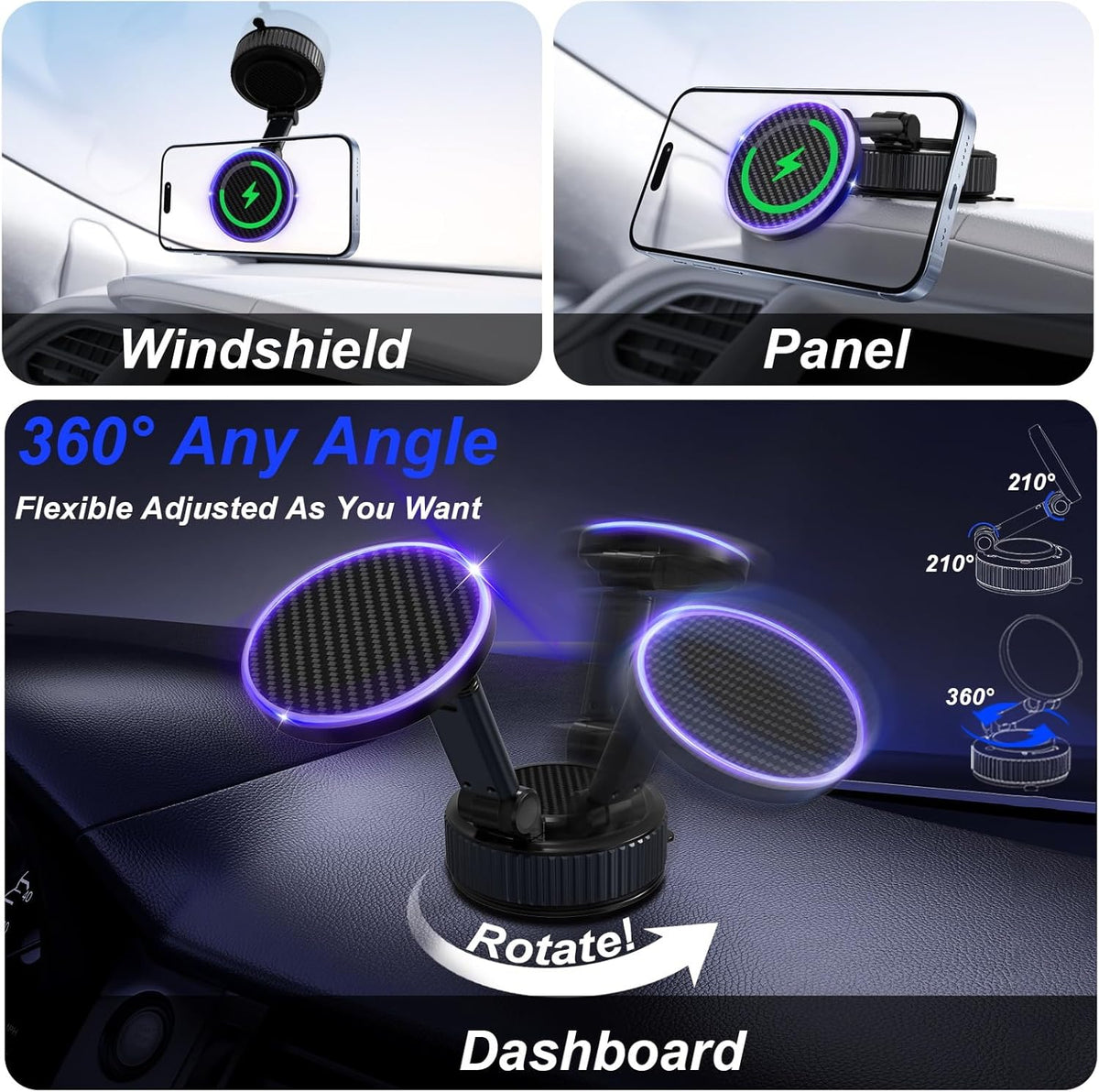 Magnetic Phone Charging Holder for Car - Upgraded 360° Vacuum Magnetic Phone Holder, Foldable Retractable Suction Cup Car Phone Mount for Magsafe for Your Car/Gym/Mirror Mount for iPhone & Android