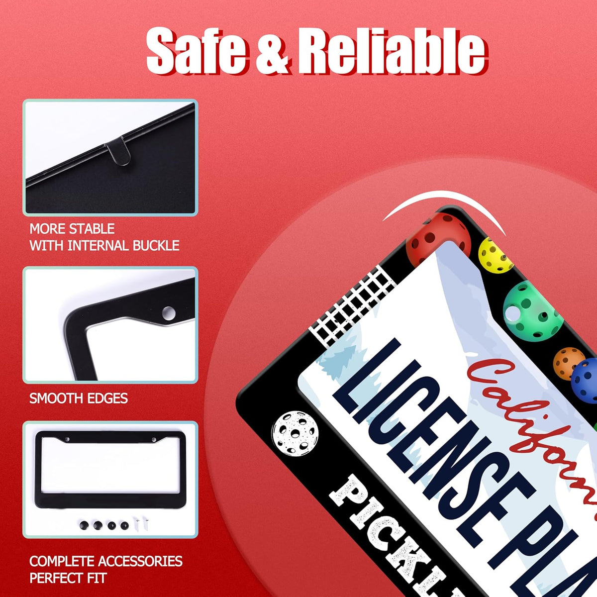 Personalized License Plate Frame Pickleball Stainless Steel Accessory Colored Balls License Plate Holder Funny Car Decorative 2 Holes Screws Fits Us Standard License Plates 12.2 X 6.3 In For Men Women