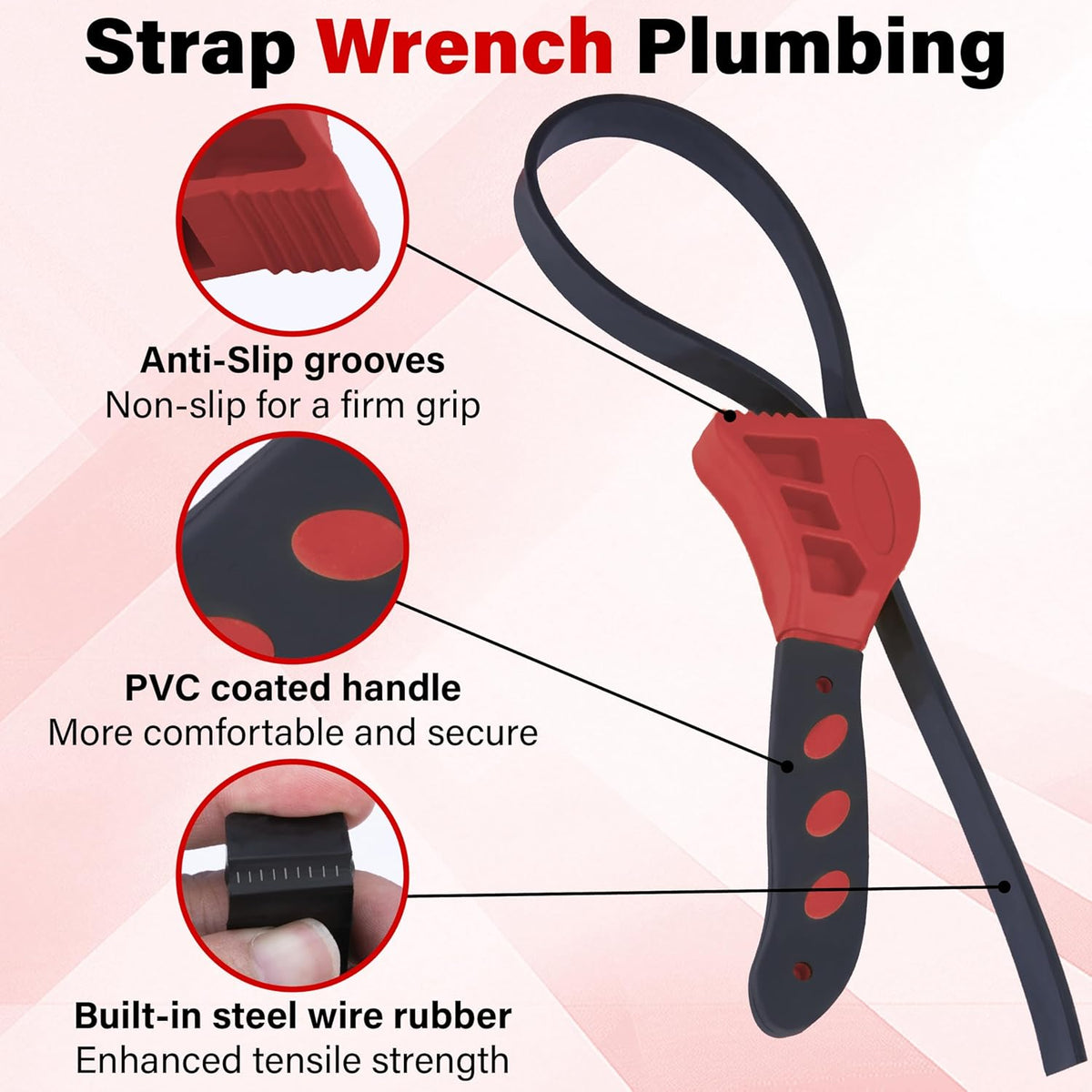 2 PCS Strap Wrench Plumbing, Rubber Strap Wrench, 24 Inch & 19.7 Inch Oil Filters Strap Wrenches, Water Filter Wrenches, Adjustable Rubber Jar Opener for Water Filters, Plumbing,Sink, Faucet (Red)