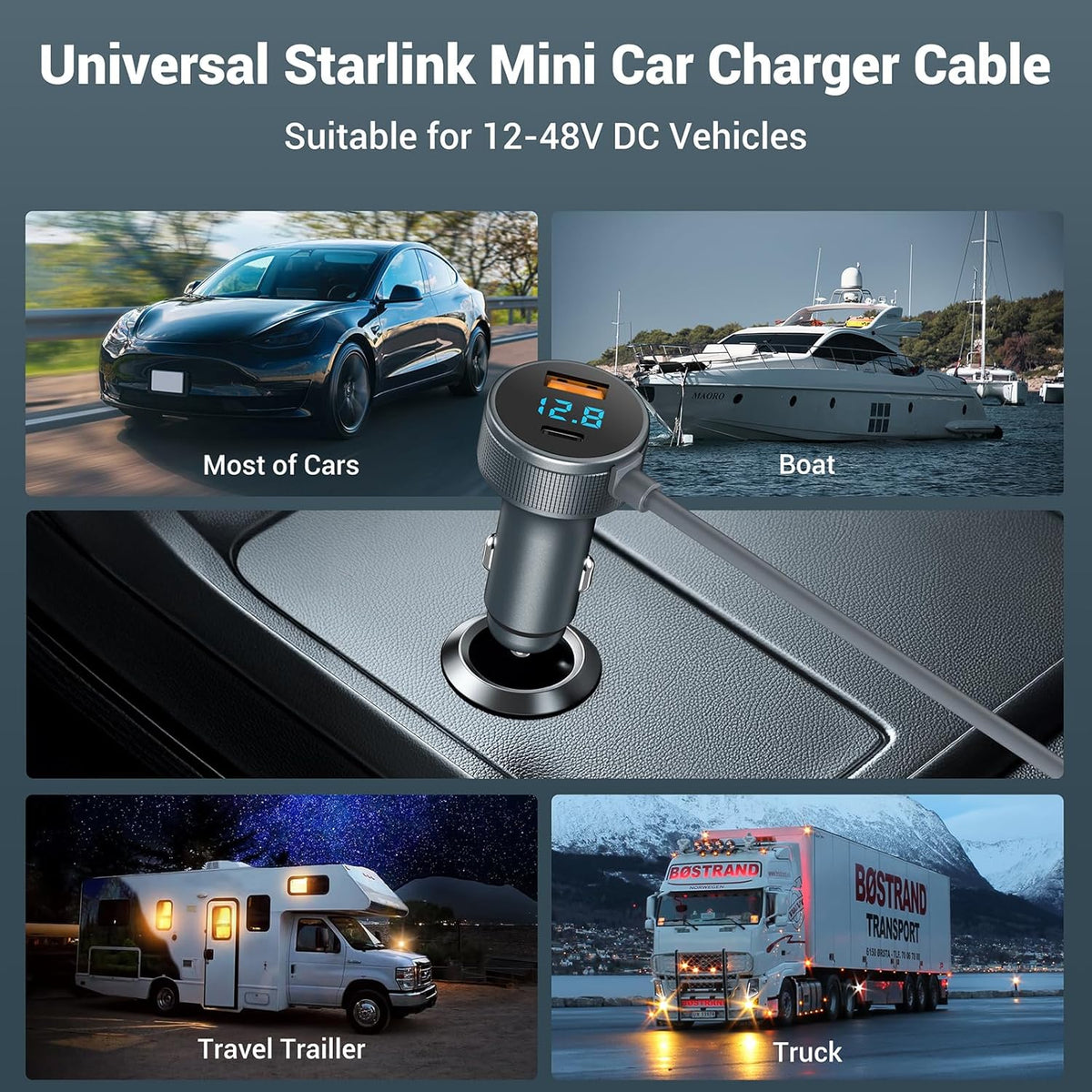 Starlink Mini Cable 12V-48V,Starlink Mini Car Adapter with Digital Display,Cigarette Lighter Adapter with USB C PD 40W& USB A 35W Ports for Trucks and Cars(16.4FT)