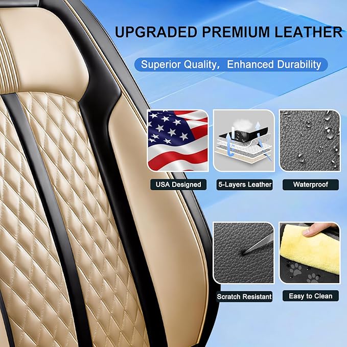 Fit Sonic Car Seat Covers for Select Chevrolet/Chevy Sonic 2012-2020, Premium Full Coverage Leather, Airbag Compatible, Waterproof All Weather Seat Cushion Protector, Full Set, Black+Beige