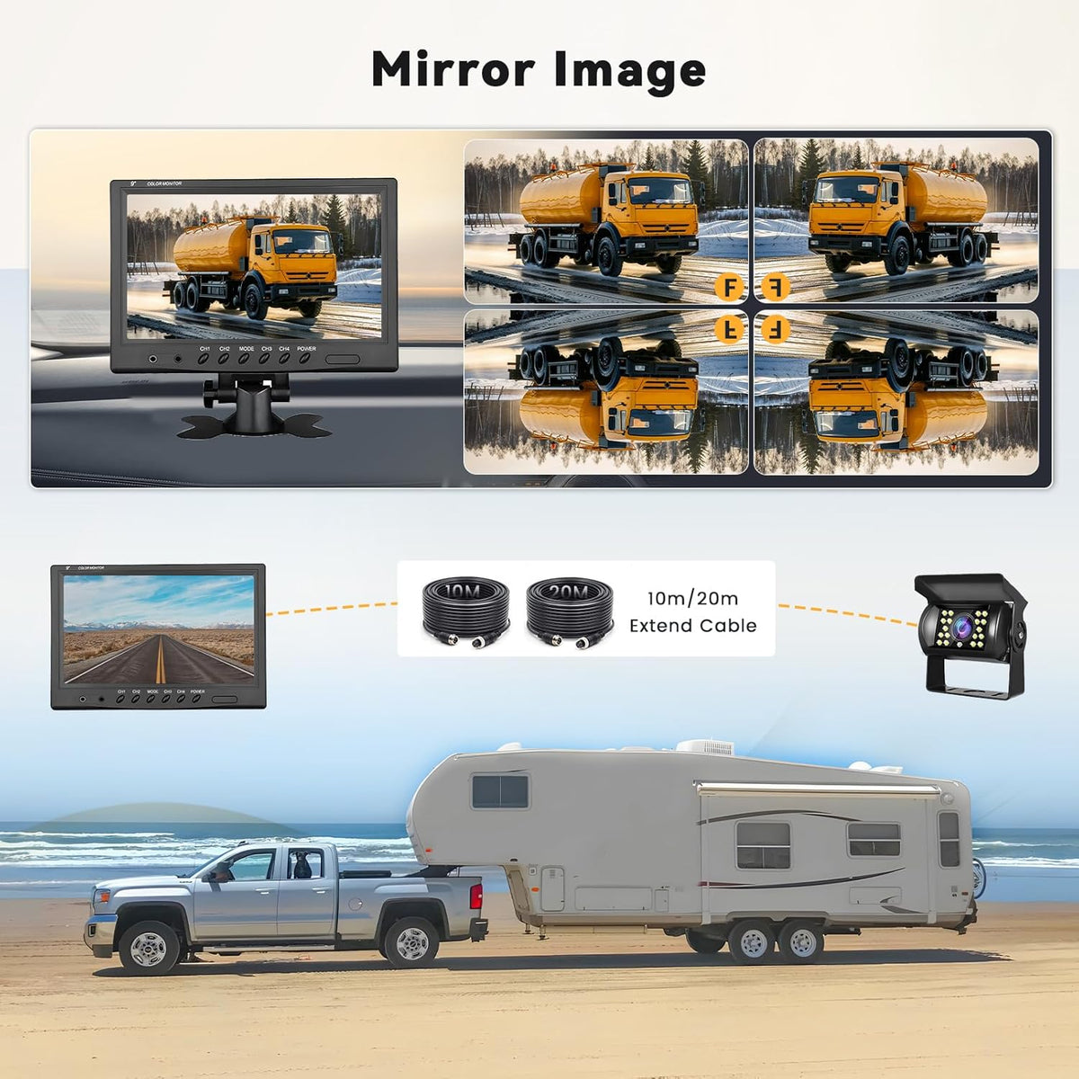 Hikity Backup Camera with Monitor Kit, 9‘’ Car Rear View Monitor with Waterproof 18 IR LED Night Vision Reverse Camera + 4 Pins Connector Cable Backup Camera System for RV Bus Trailer Truck