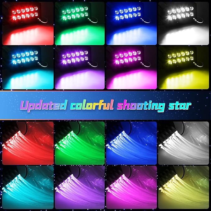 4 Colors 32W Twinkle & Meteor Car Starlight Headliner Kit, 2-in-1 Light Engine 600pcs*0.03in*13.1ft+240 RGBW Fiber Optic Cable Shooting Car Star Roof Lights, Ceiling Star Lights for Car Home Theater