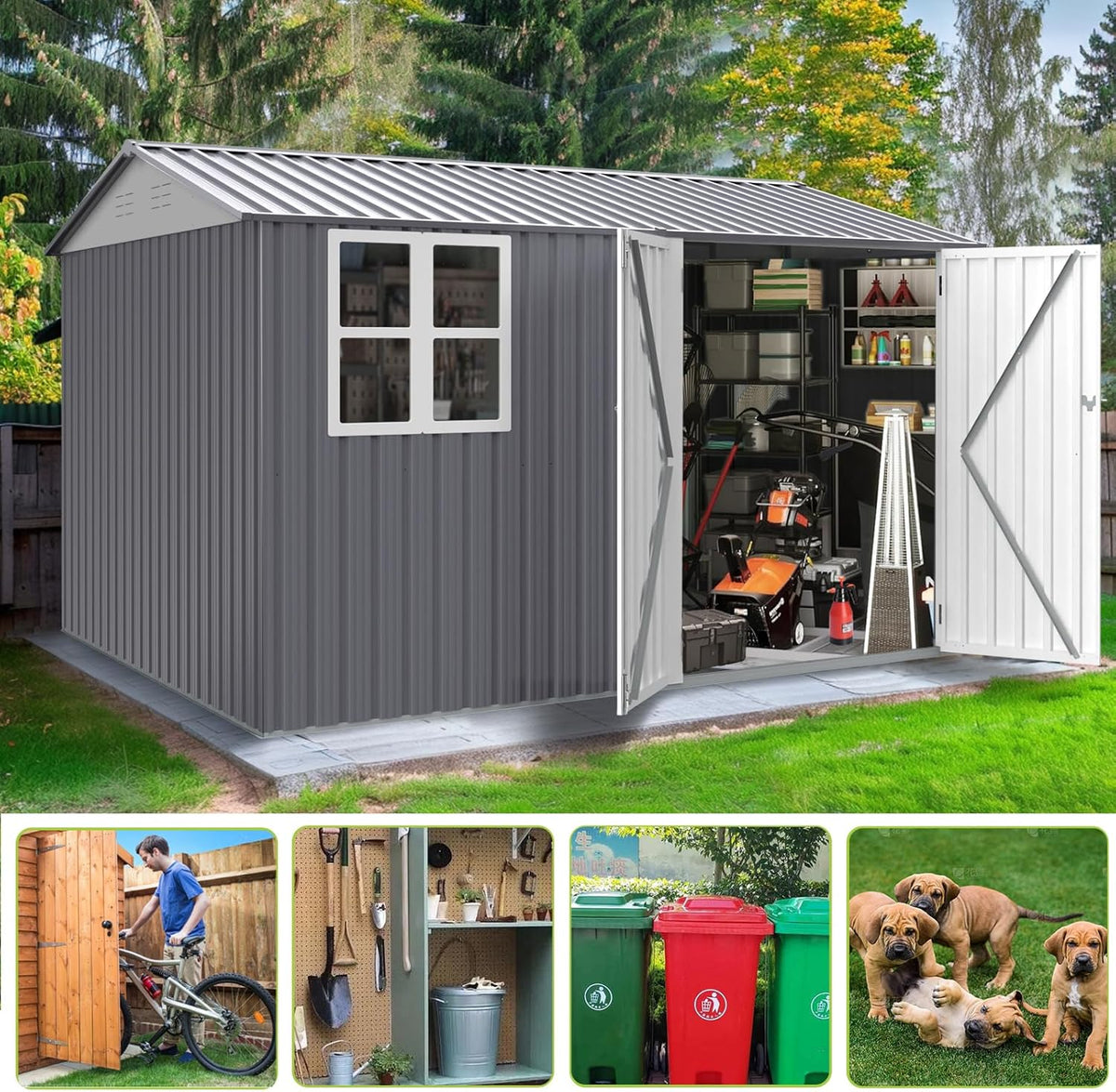 8x10 FT Outdoor Storage Shed, Metal Garden Shed with 4-pane Window, Outside Tool Shed with Lockable Hinged Doors & 4 Air Vents, Waterproof Storage Building for Backyard, Patio, Lawn, White+Gray